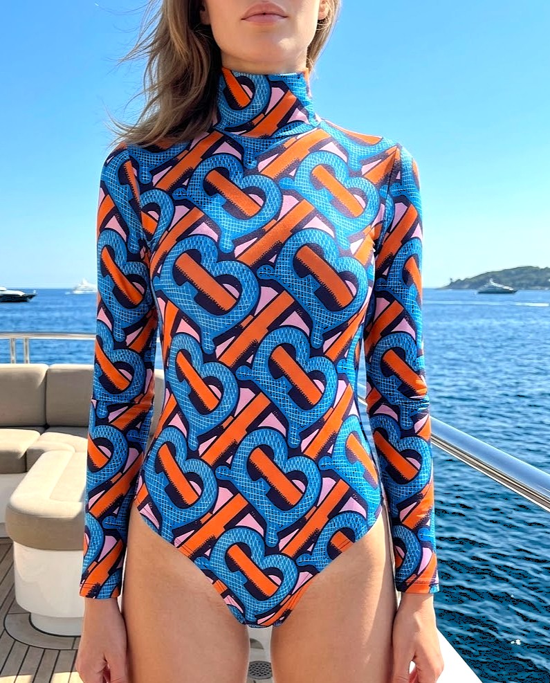 Burberry Blue Big B Monogram Print Turtleneck Long-Sleeve One-Piece Swimsuit - KAIROO