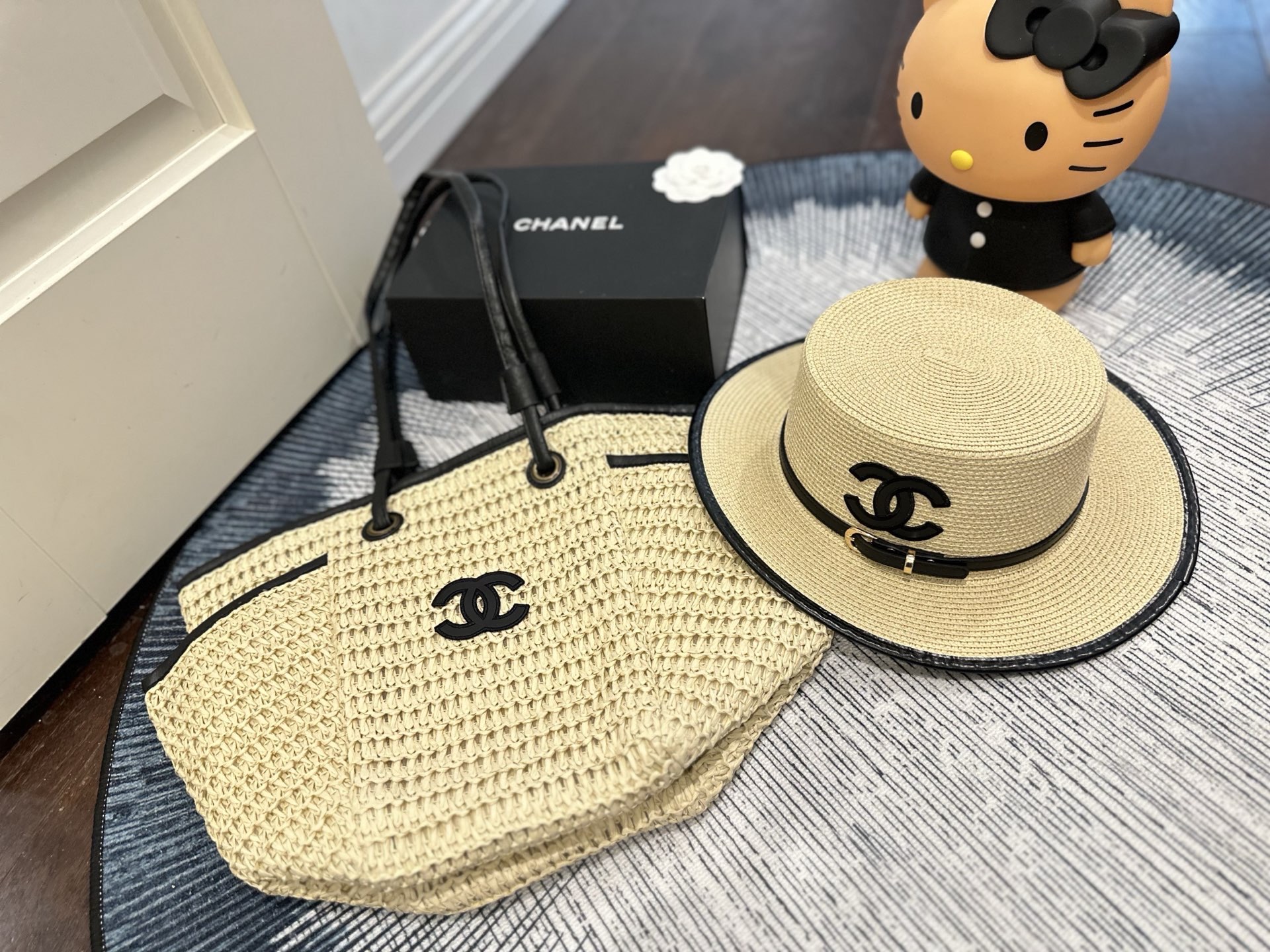 Chanel Crocheted Woven Raffia Leather Trim Batwing Tote Bag &Matching Wide-Brim Boater Hat Beach Set - KAIROO