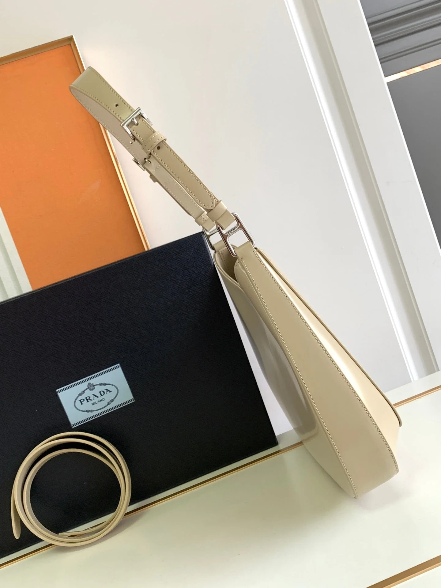 Prada CLEO 30 BEIGE BRUSHED LEATHER SHOULDER BAG