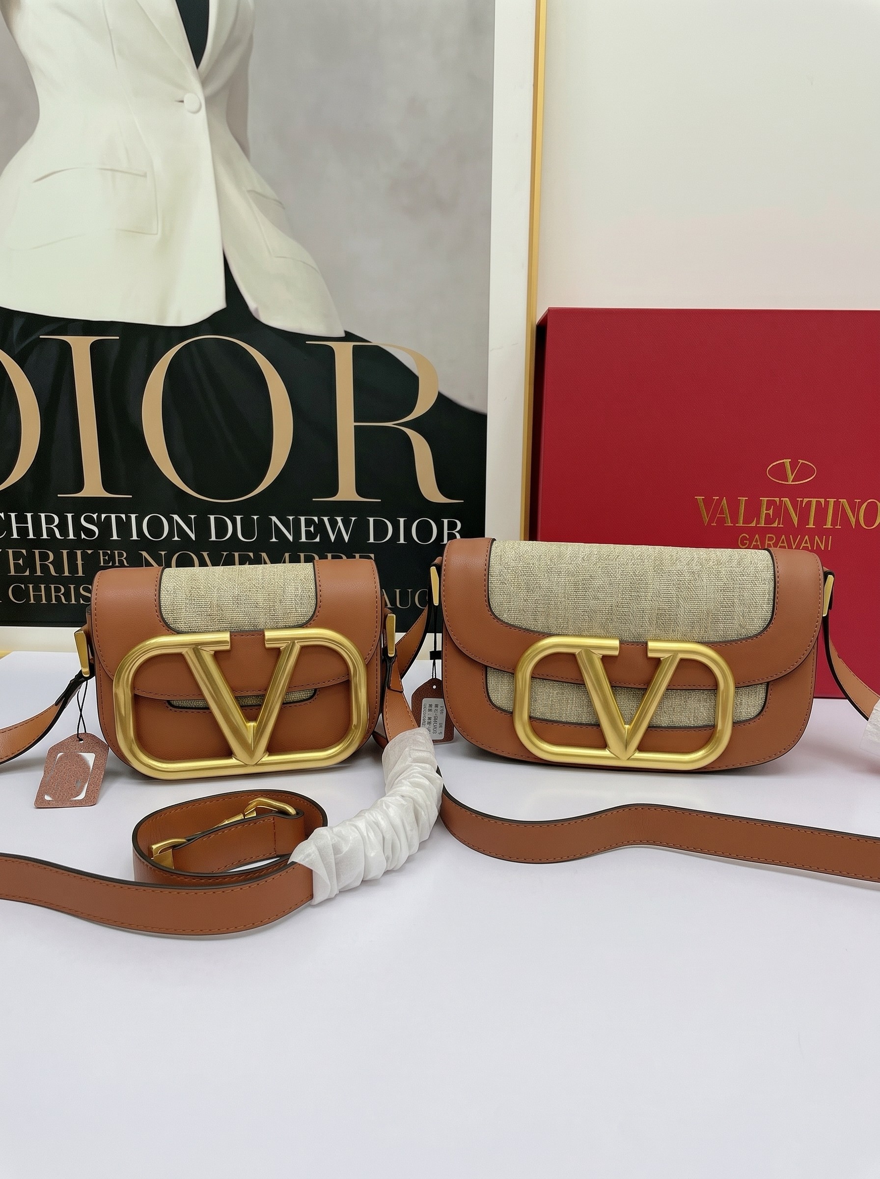 Valentino Mini& Small Oversized VLogo Signature Tan Leather Beige Canvas Maxi Gold Hardware Flap Shoulder Bag - KAIROO