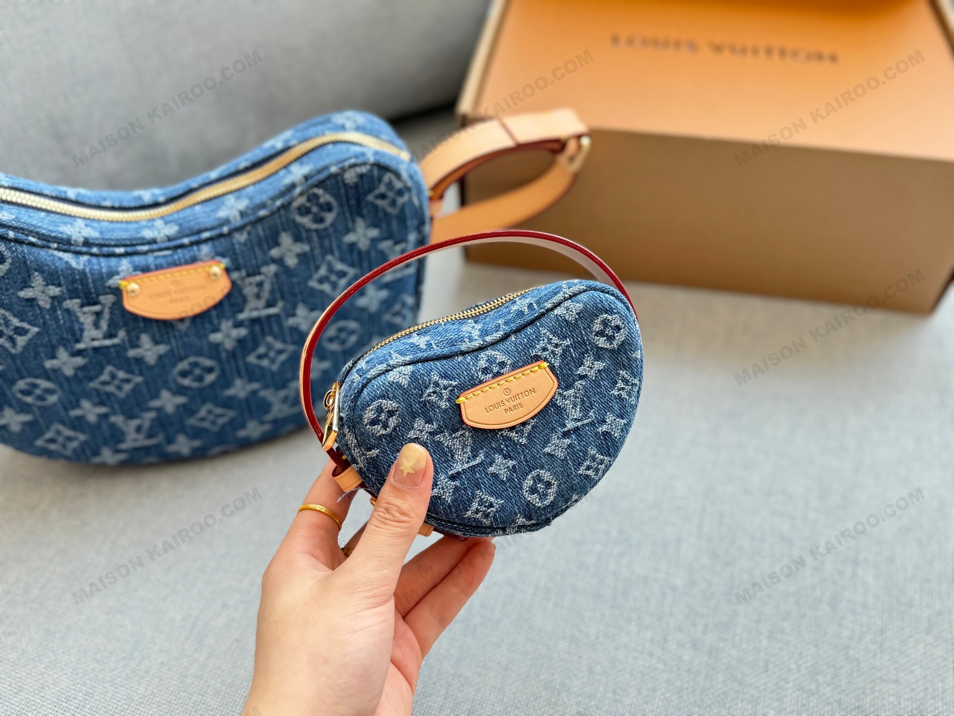 Louis Vuitton LV Croissant MM Monogram Denim Canvas Heart Hobo Shoulder Bag With Mini Pouch - KAIROO