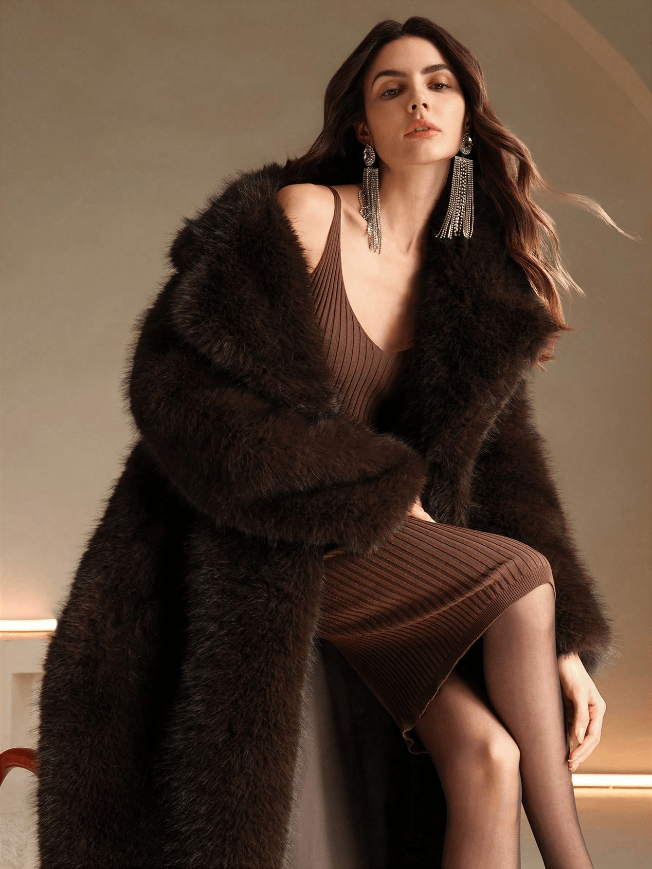 Women Faux Fur Trim Long Elegant Winter Coat