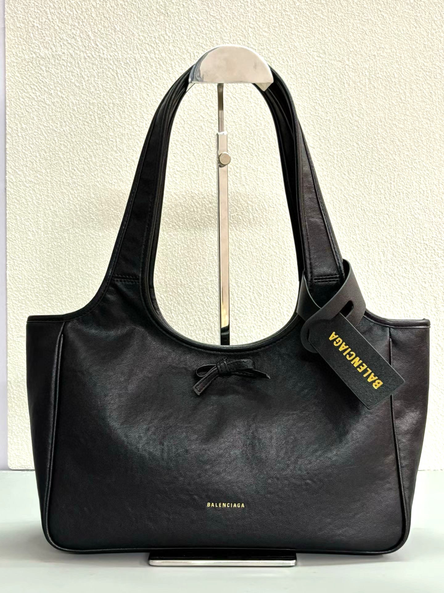 Balenciaga Bel Air Small& Large Black Smooth Leather Bow Detail Handle Shoulder Tote Bag - KAIROO