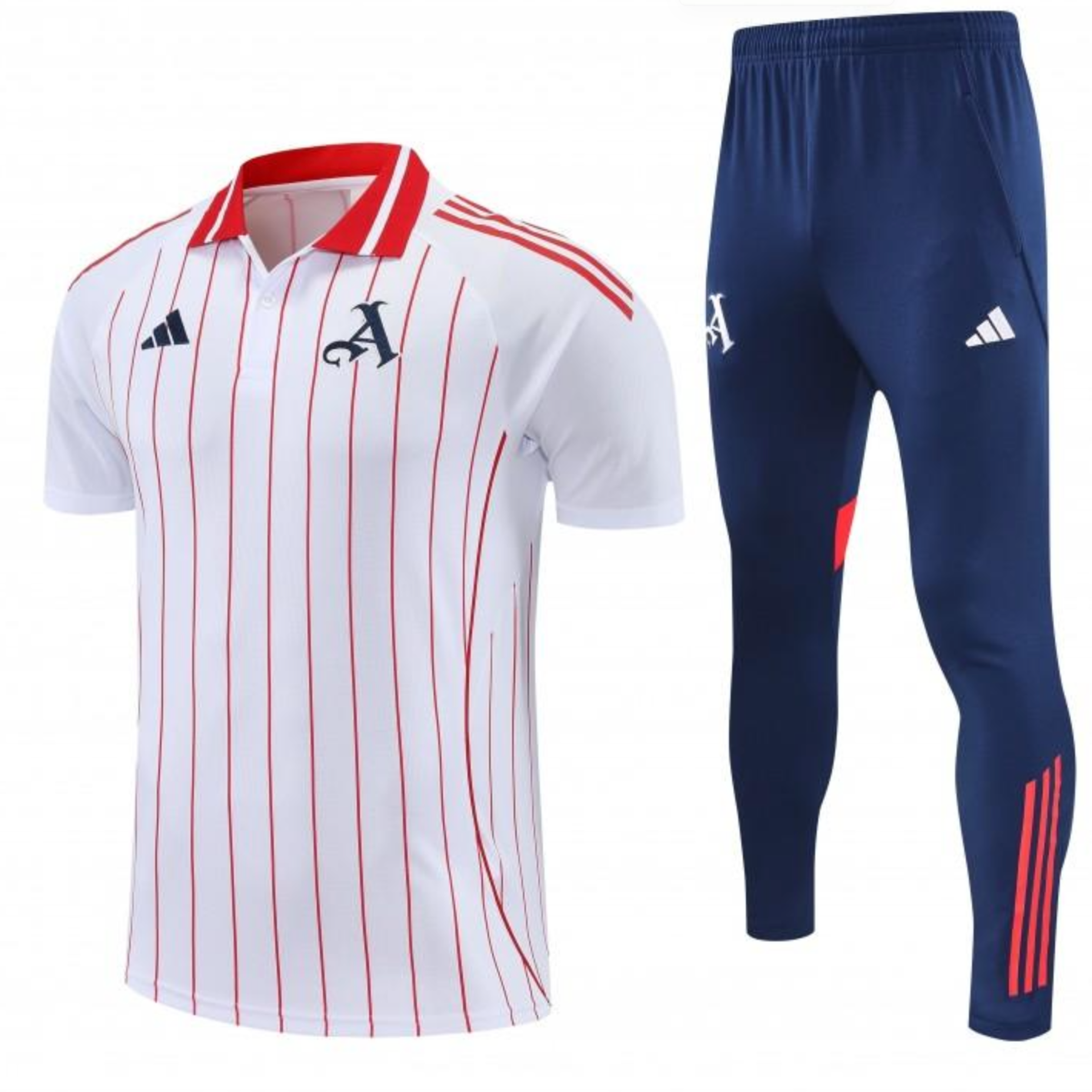 26/27 Arsenal White&Red Stripes Polo Training Shirt + Long Pants Tracksuit S-2XL