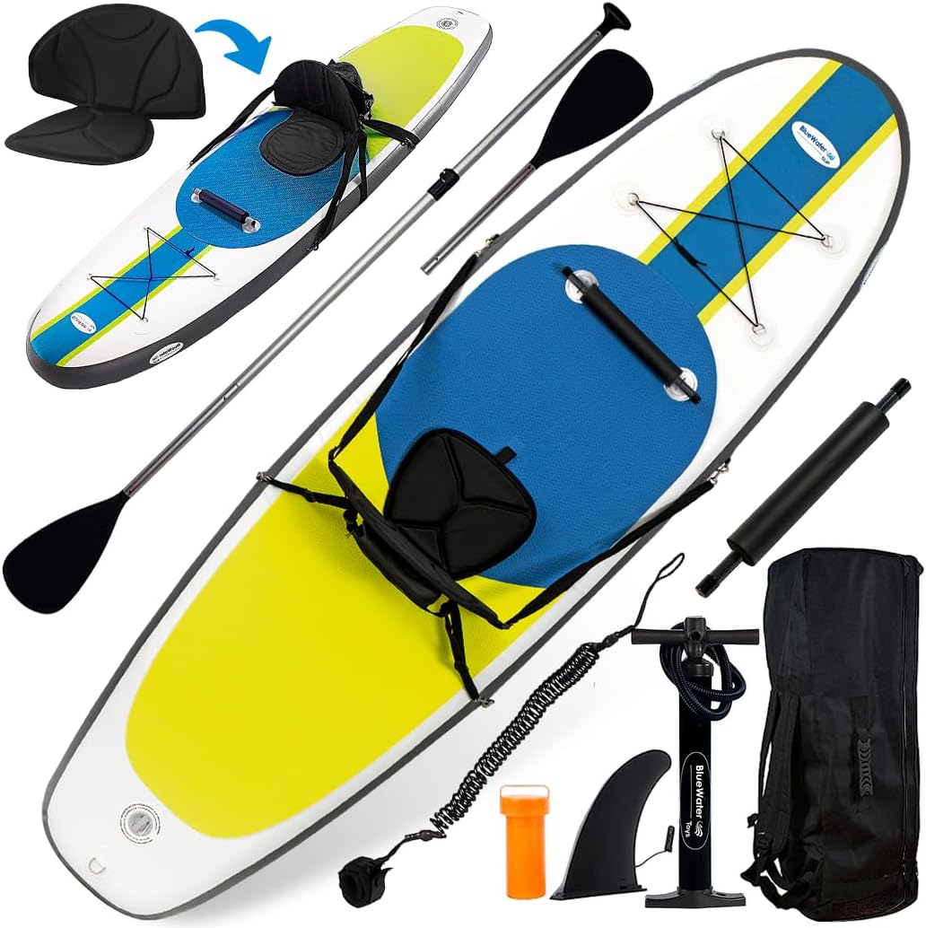 Blue Water Toys Inflatable Crossover Stand Up Paddle Board/Kayak Kit - Pump, Backpack, Coil Leash, Paddles, Detachable Seat, SUP 300 Pound Limit, 10 Feet by 32 Inches