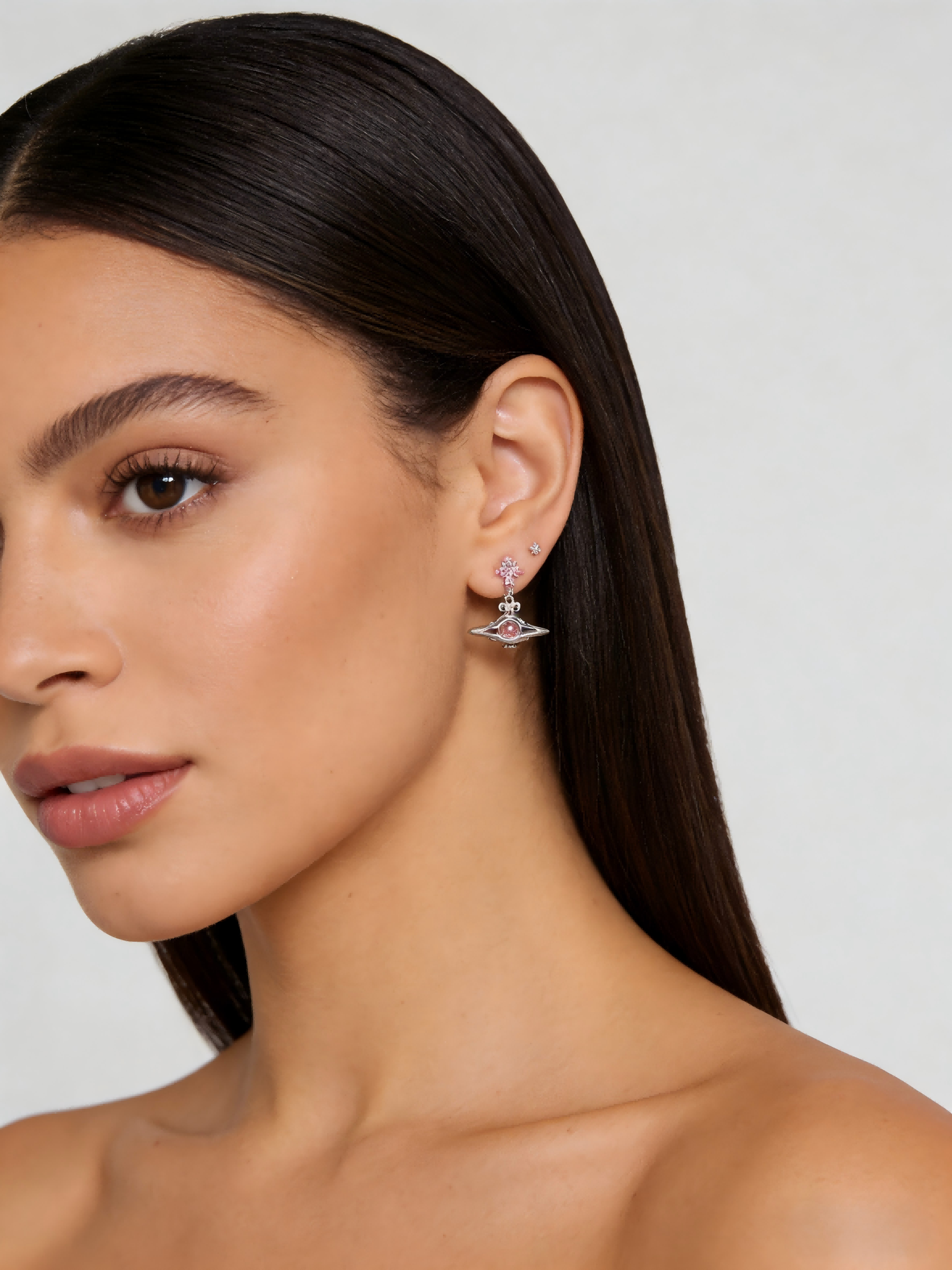 Elegant Pink Crystal Saturn Earrings – Hypoallergenic Silver Plated Jewelry for Trendsetters