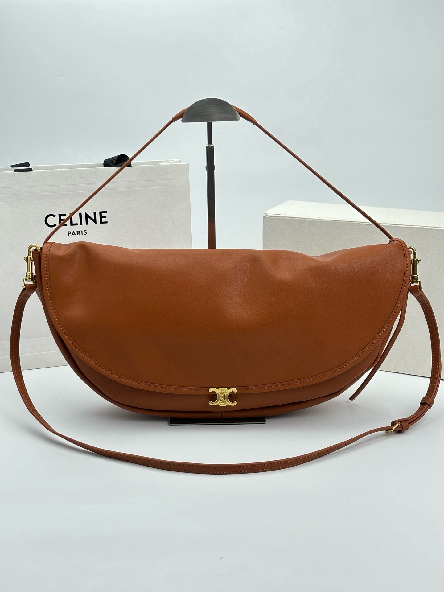 Celine Oversized Minimalist Gold Triomphe Lether Heloise Half Moon Hobo Bag - KAIROO