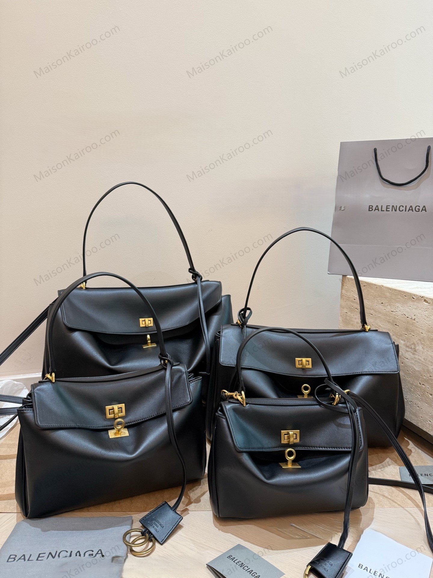 Balenciaga Rodeo Black Slouchy Kelly Smooth Leather Gold & Silver Turn Lock Tote Top Handle Bags - KAIROO