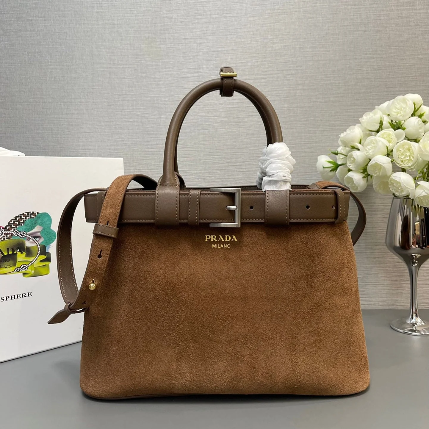 Prada SMALL TOTE BAG WITH 32 IN RUSSET BROWN SUEDE