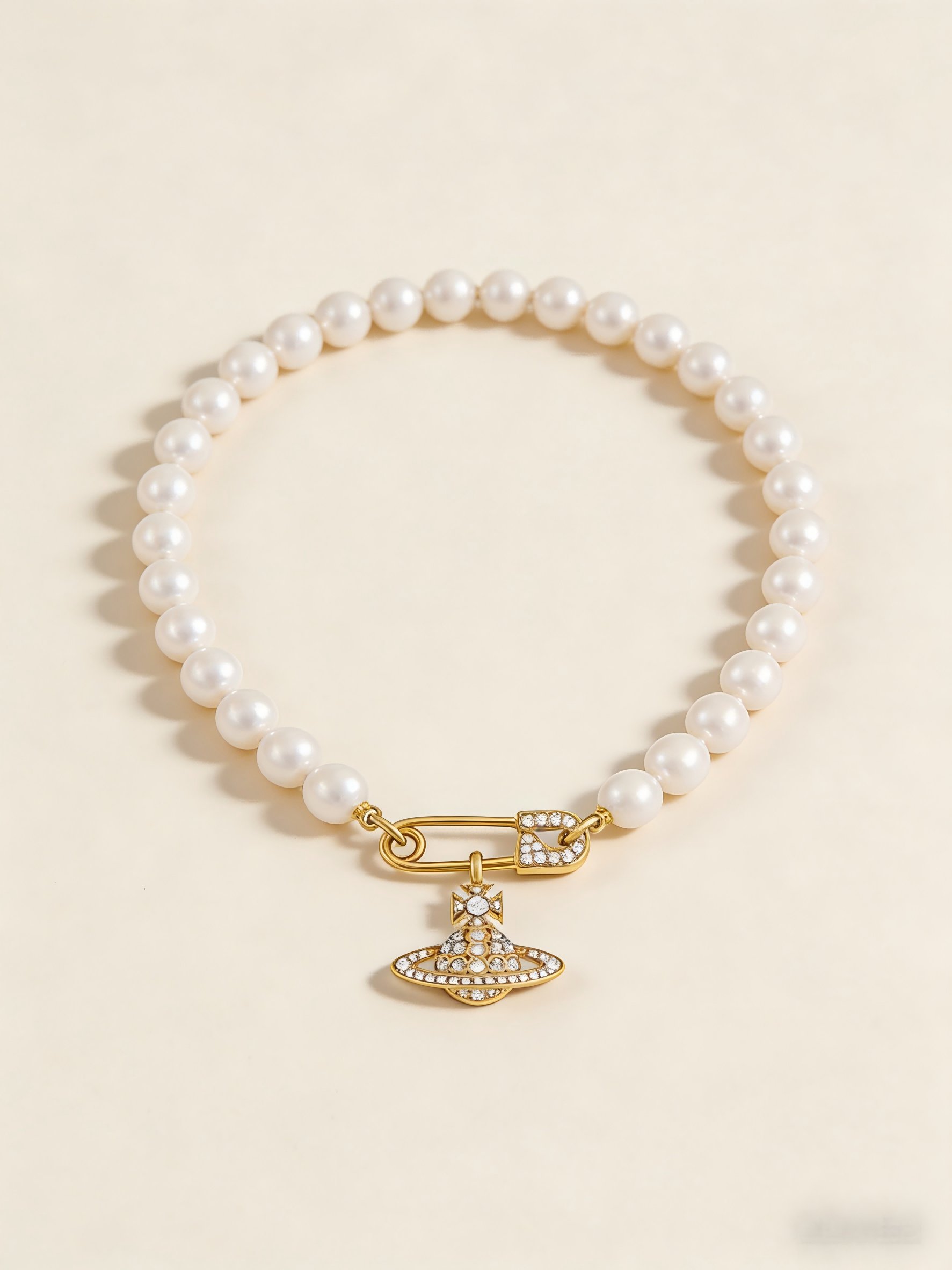 Gold-Tone Safety Pin Pearl Necklace with Rhinestone Orb Pendant | Elegant Dainty Jewelry for Women