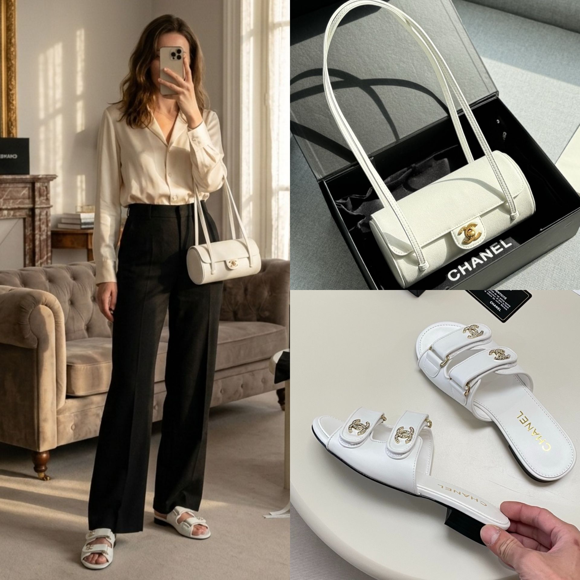 Chanel Classic White Caviar Leather Cylinder Bag 20cm & CC Logo Comfortable Flat Slides Set - KAIROO
