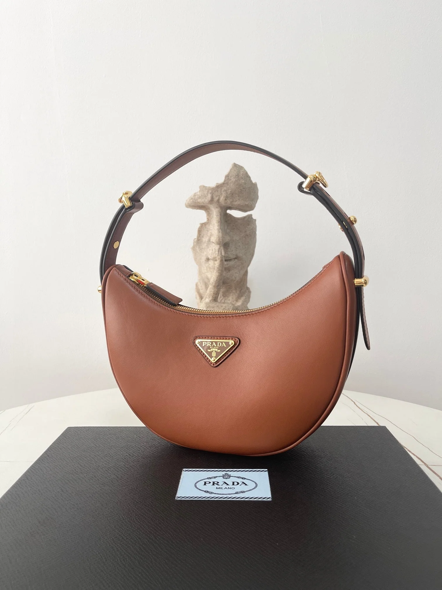 Prada ARQUÉ 22 SHOULDER BAG IN COGNAC BROWN LEATHER
