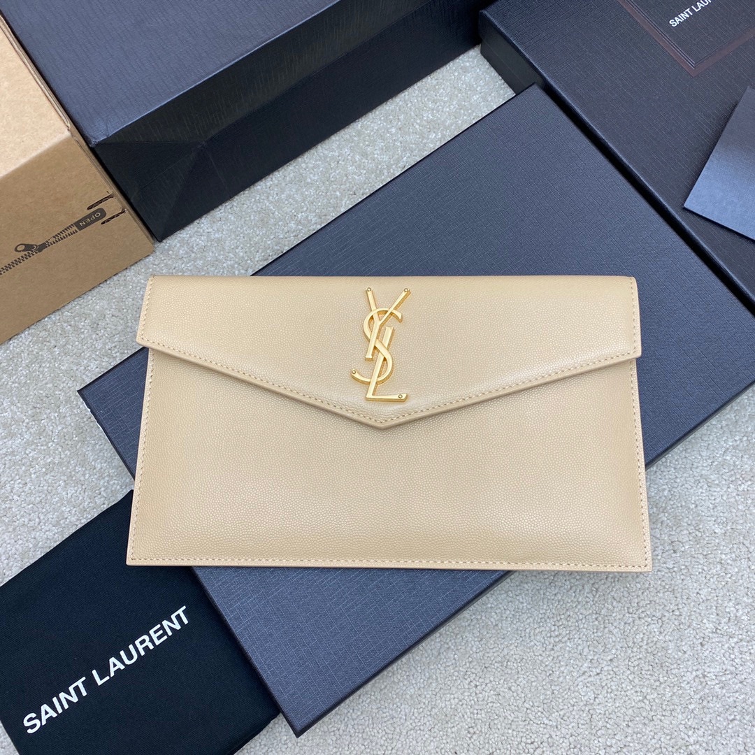 Saint Laurent Beige Uptown Small Clutch in Grained leather