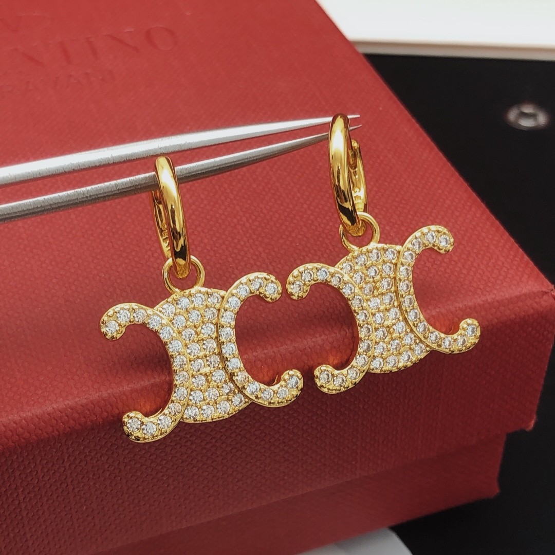 Celine Evening Jewellery Finish Brass Micro Pave Crystal Triomphe Logo Motif Hoop Earrings - KAIROO