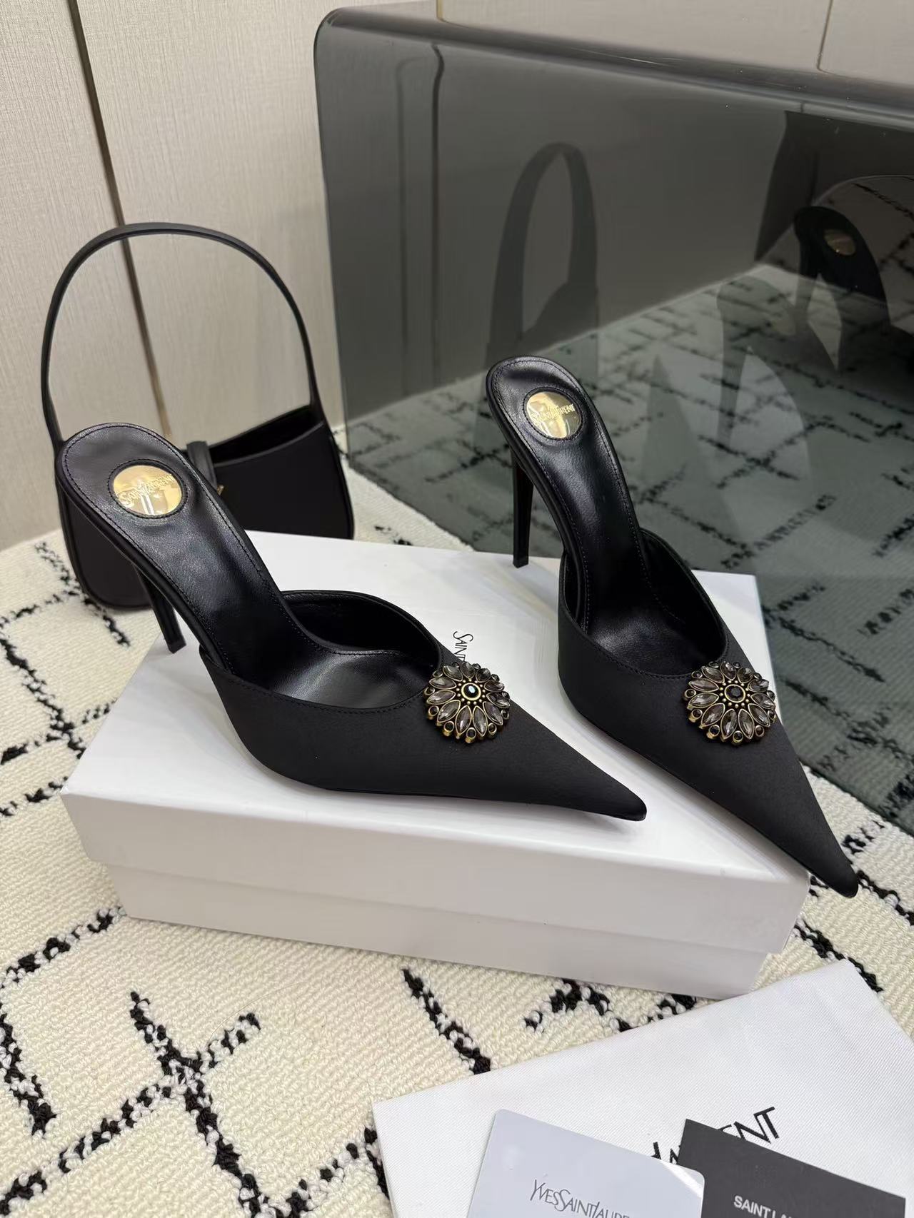 Saint Laurent YSL Black Pointed Toe Satin Crystal Brooch Stiletto Heel Mules Sandals - KAIROO