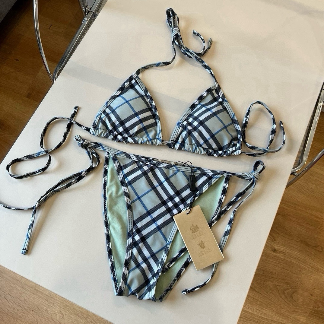 Burberry Light Blue Check Print Tie Strap Triangle Bikini Two-Piece Swimsuit - KAIROO