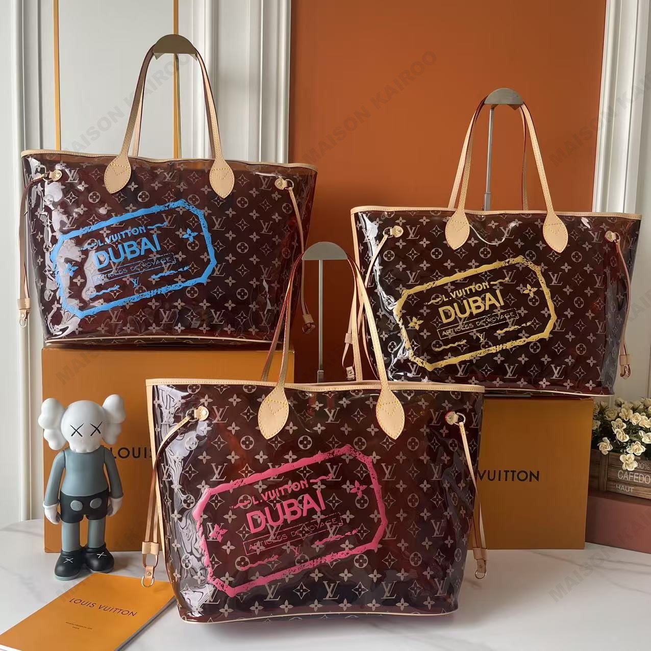 Louis Vuitton LV Neverfull MM&GM Amber PVC Transparent Clear Dubai Stamp Monogram Pool Tote Bag With Pouch - KAIROO