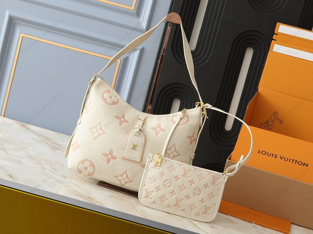 Louis Vuitton LV Carryall PM Pastel Cream Bicolor Big Monogram Embossed Leather Hobo Tote Shoulder Bag - KAIROO