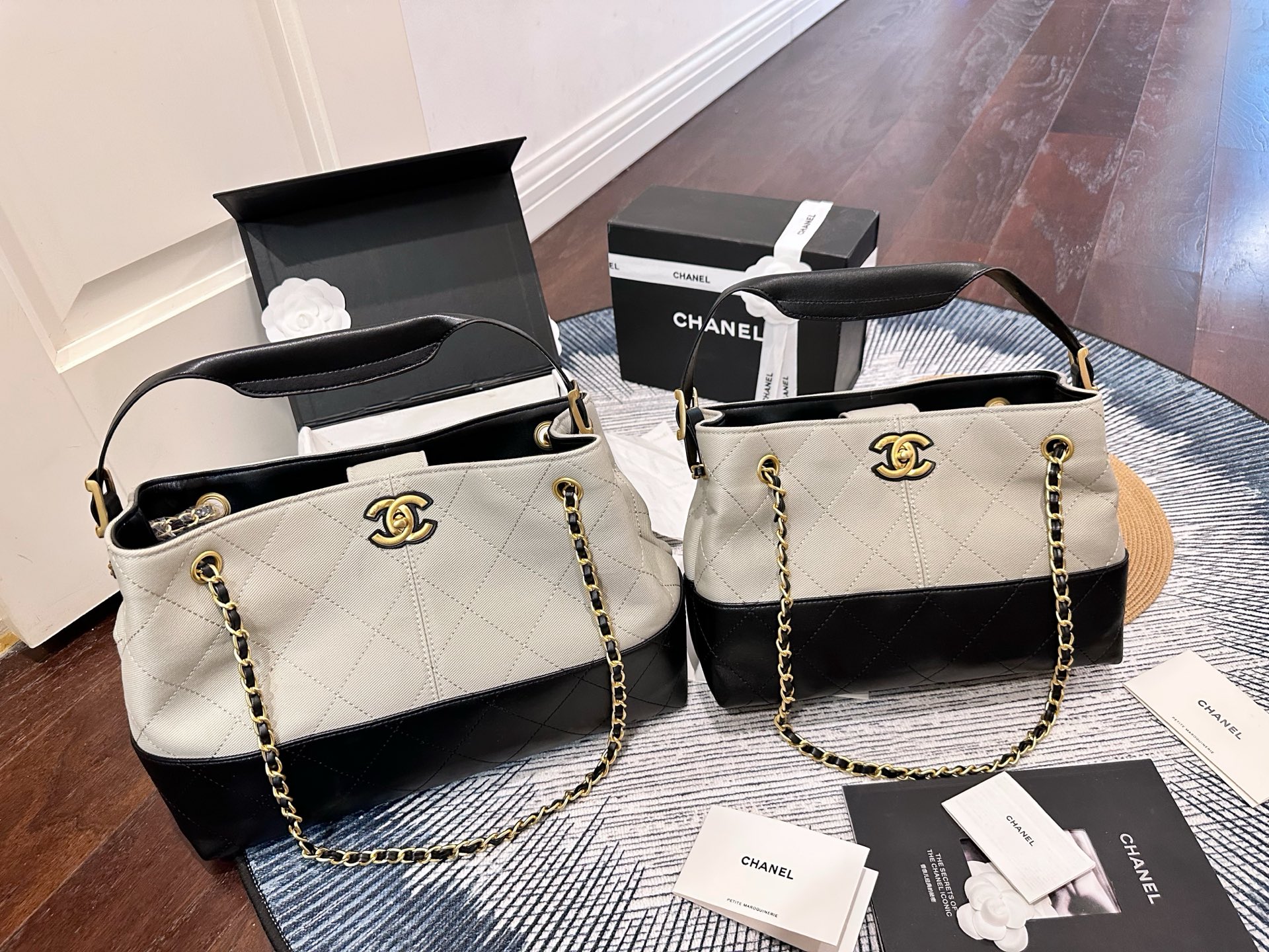 Chanel 25A Large& Small Gabrielle Canvas Quilted Leather Handle Tote Turn-lock Hobo Bag - KAIROO