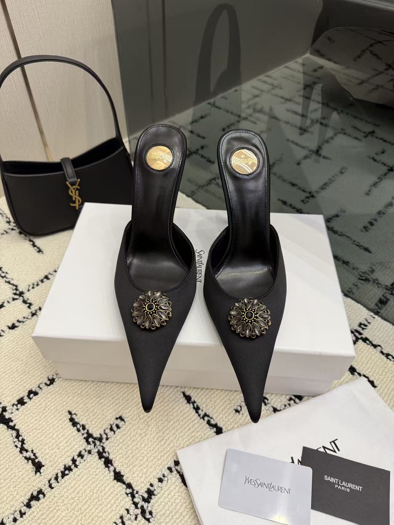 Saint Laurent YSL Black Pointed Toe Satin Crystal Brooch Stiletto Heel Mules Sandals - KAIROO