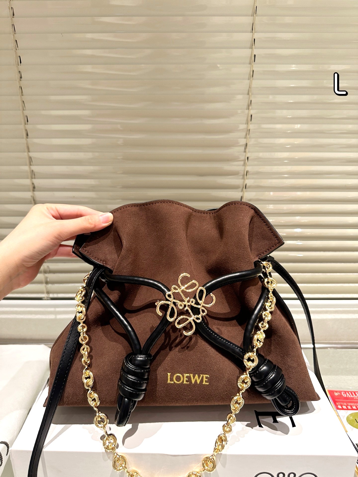 Loewe Chocolate Medium Flamenco Purse Ruched Nappa Leather Drawstring Chain Anagram Handle Shoulder Bag - KAIROO