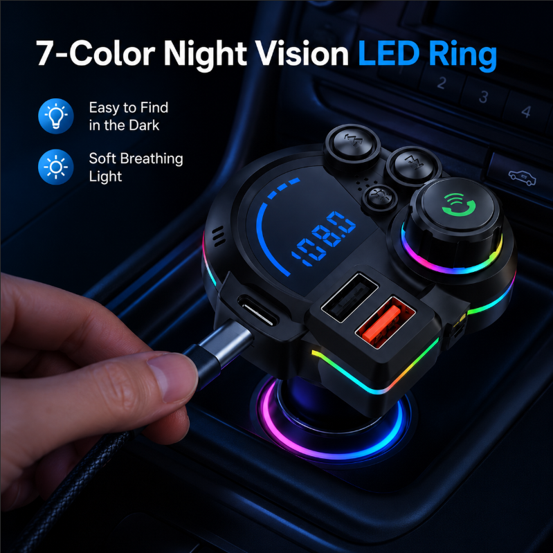PD 30W Fast Car Charger & Bluetooth 5.3 FM Transmitter - Wireless Radio Adapter with Hands-Free Call Knob, Deep Bass & 7-Color LED for Older Cars (12V-24V)