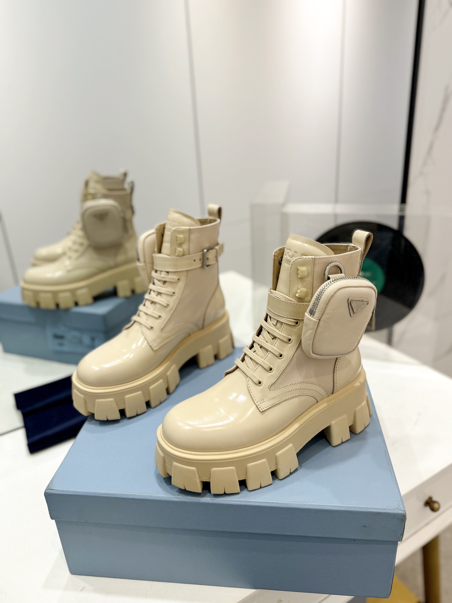 Prada Unisex Leather Boots in Beige