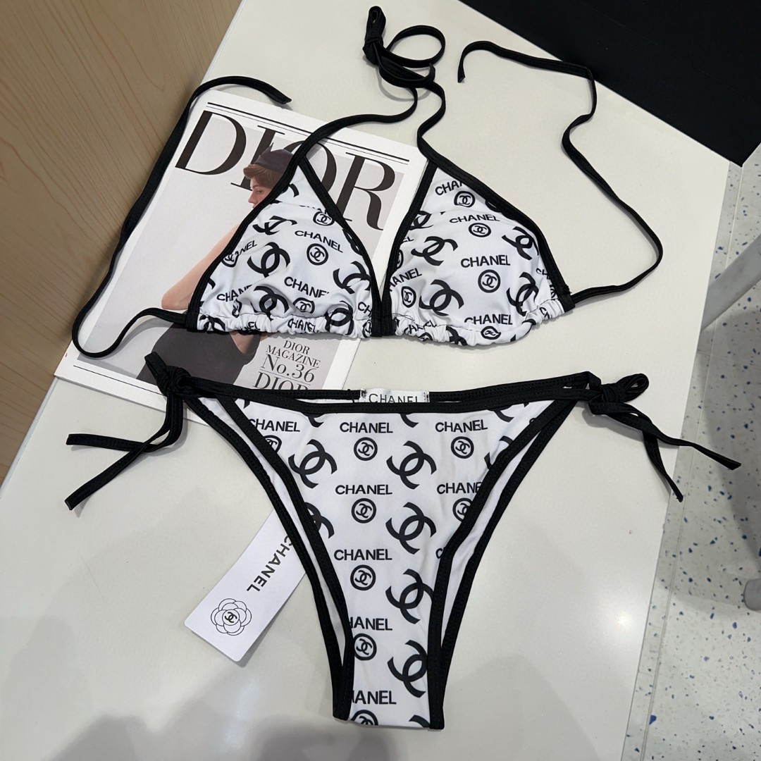 Chanel All-Over CC Logo Print Tie-Side Bikini Set Swimsuit /White - KAIROO