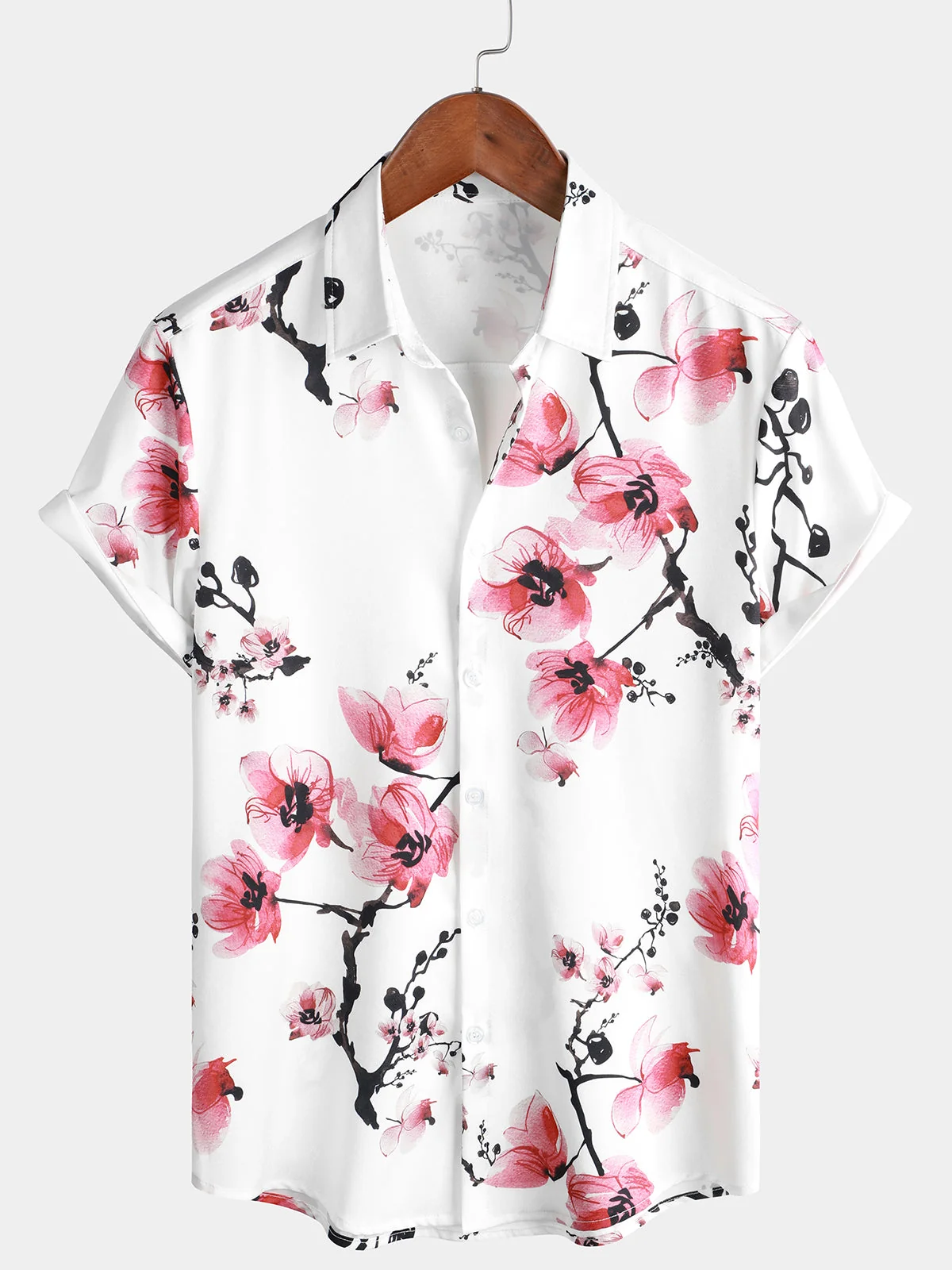 Men's Pink Floral Cherry Blossom Print Casual Short Sleeve Shirt