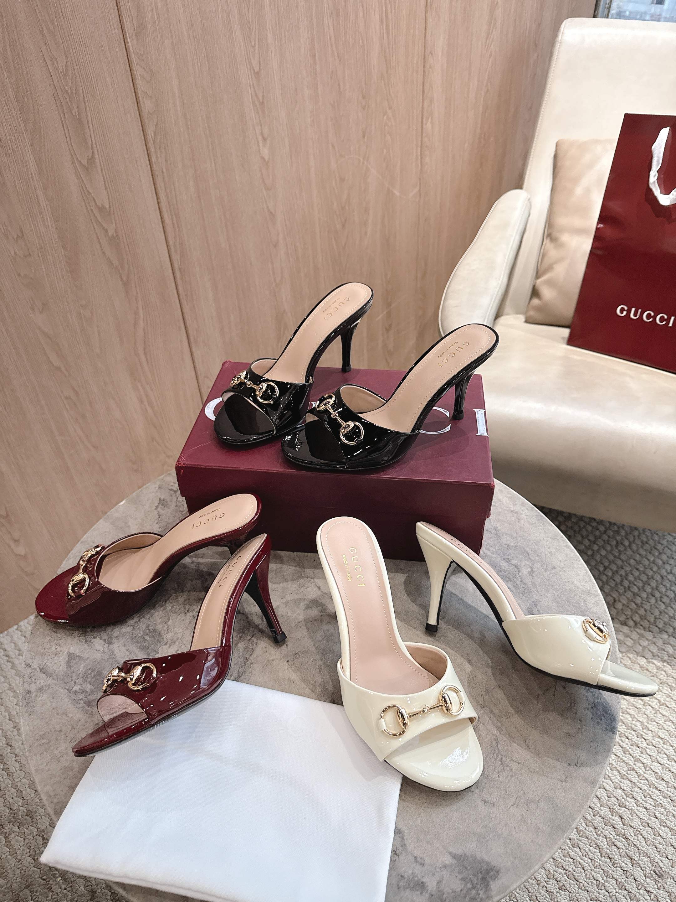 Gucci Gold Horsebit Patent Leather Stiletto Mule Slides - KAIROO