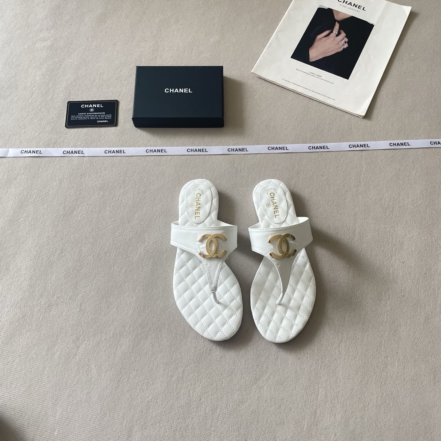 Chanel Quilted Tweed or Smooth Leather Strap Gold Interlocking CC Logo Thong Sandals - KAIROO