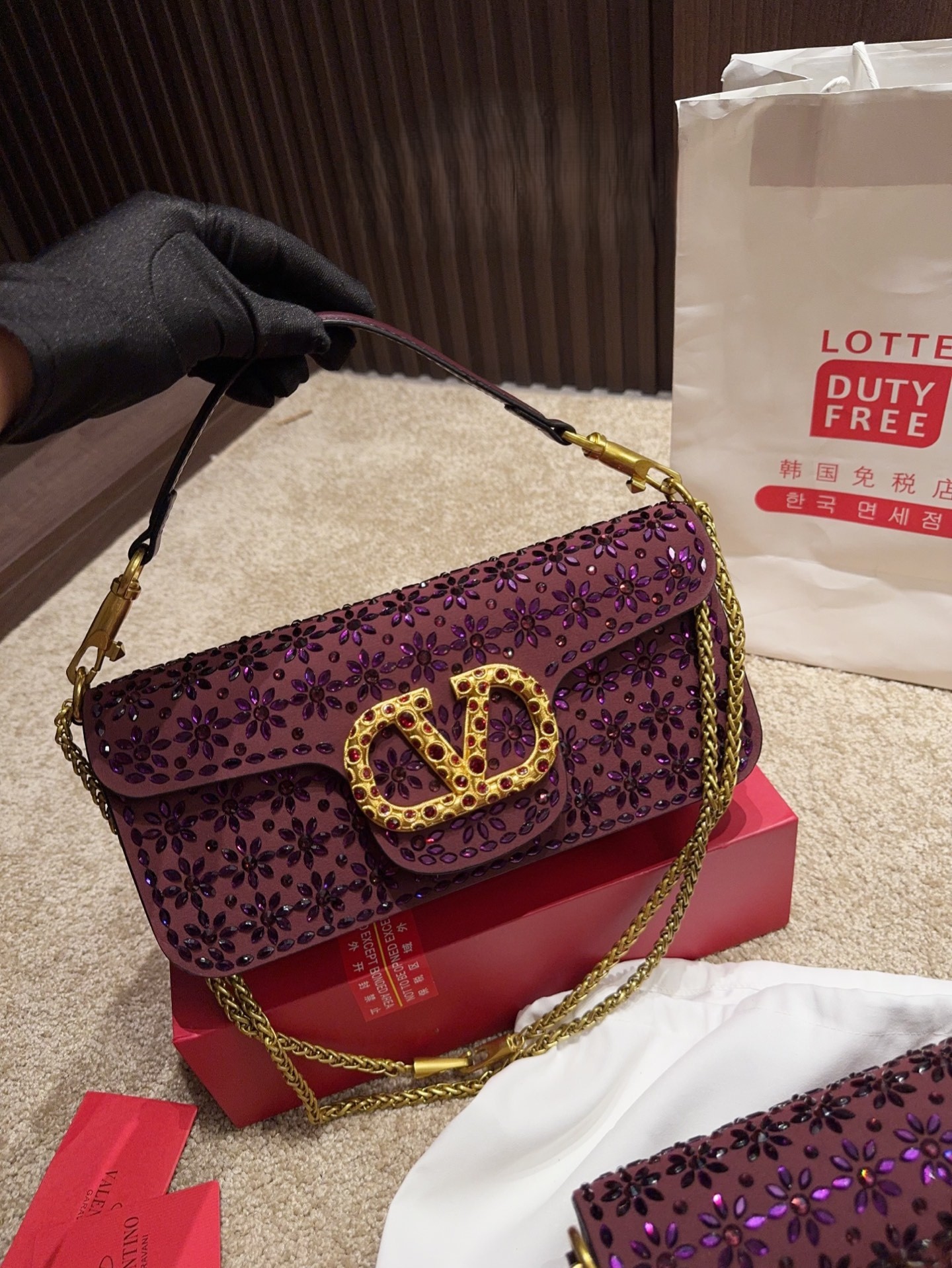 Valentino Garavani Locò Purple Floral Embroidery Sequin Decoration Crystal-Encrusted VLogo Chain Shoulder Bag - KAIROO