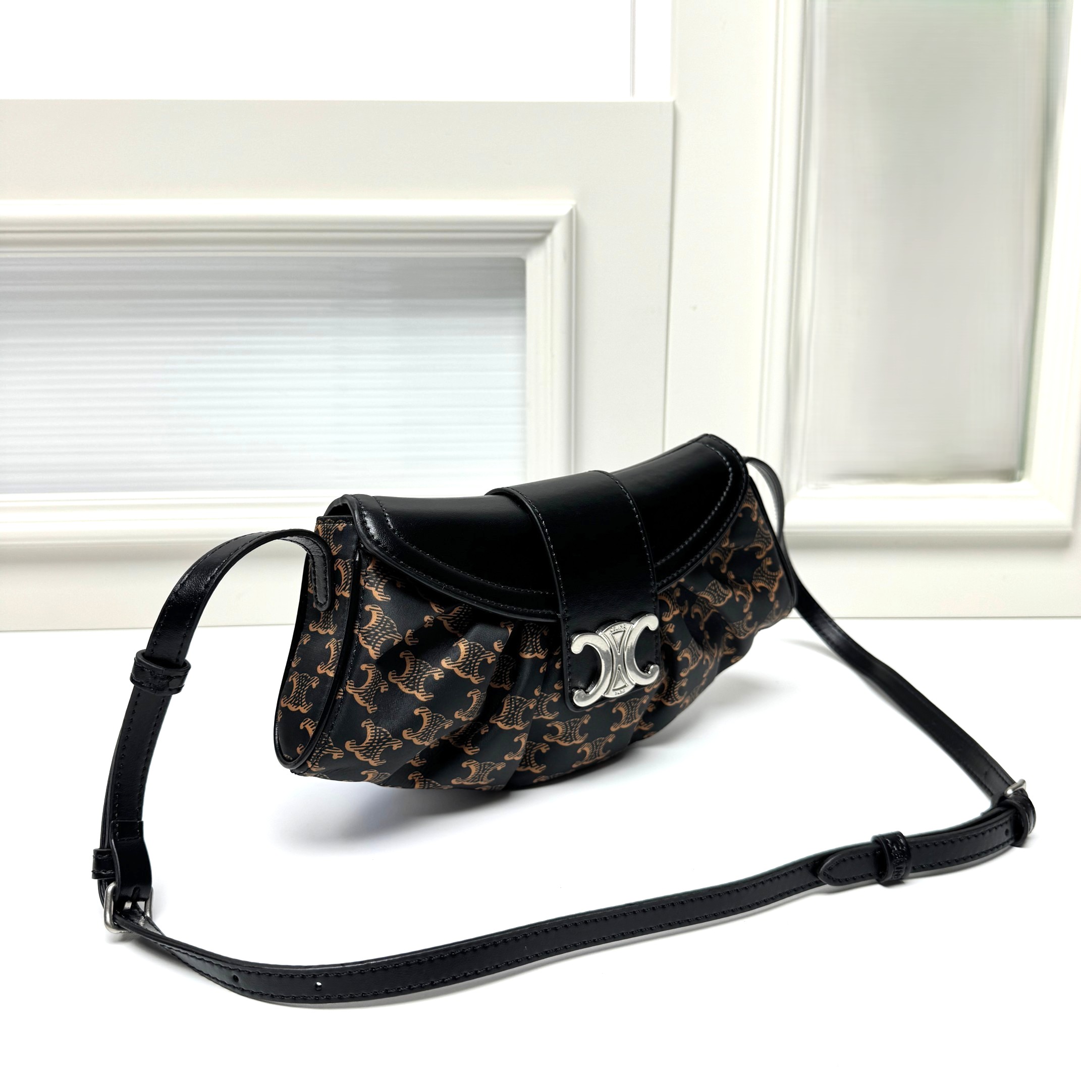 Celine Tan Teen Polly Heloise Triomphe Monogram Coated Silver Magnetic Flip-Lock Pleated Hobo Bag - KAIROO