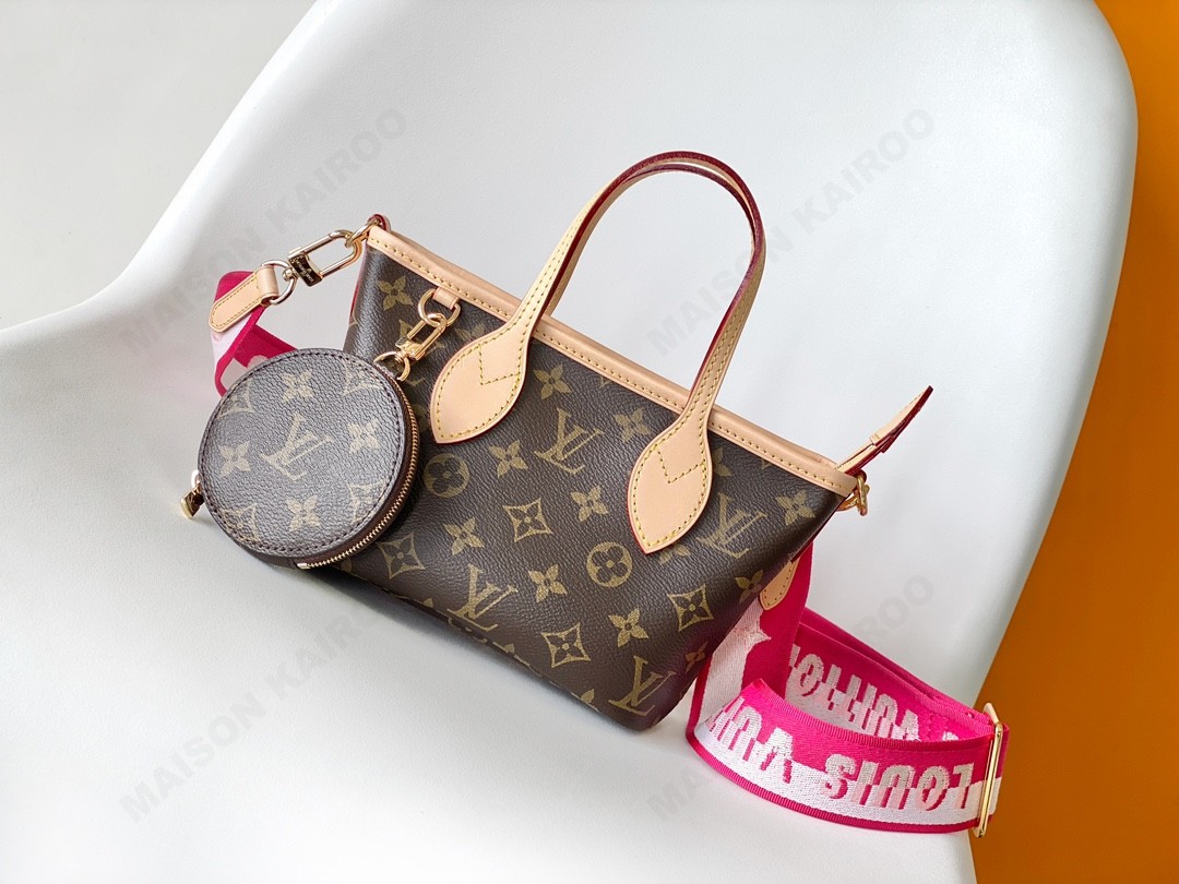 Louis Vuitton LV Neverfull BB Monogram Canvas Fuchsia Lining Woven Strap Shoulder Tote Bag With Round Purse - KAIROO