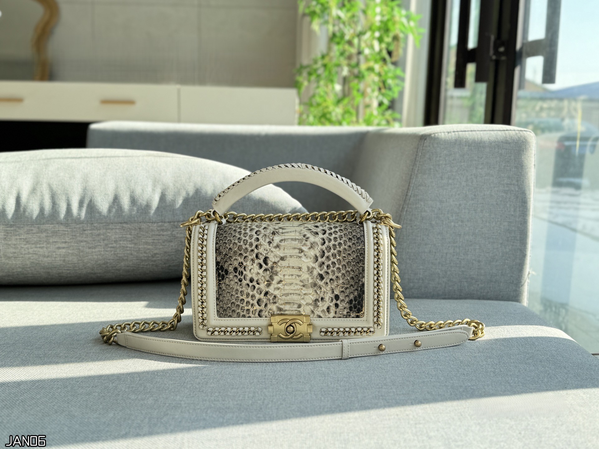 Chanel Le Boy Medium 25CM Python Print Leather Chain Trimmed Woven Top Handle Flap Shoulder Bag - KAIROO