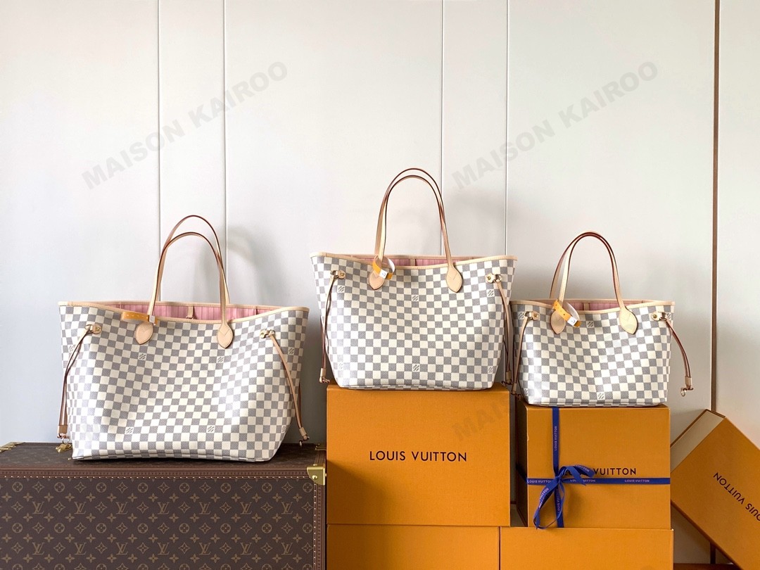 Louis Vuitton LV Neverfull PM&MM&GM Damier Azur Canvas Beige& Red Lining Tote Top Handle Bag With Pouch - KAIROO