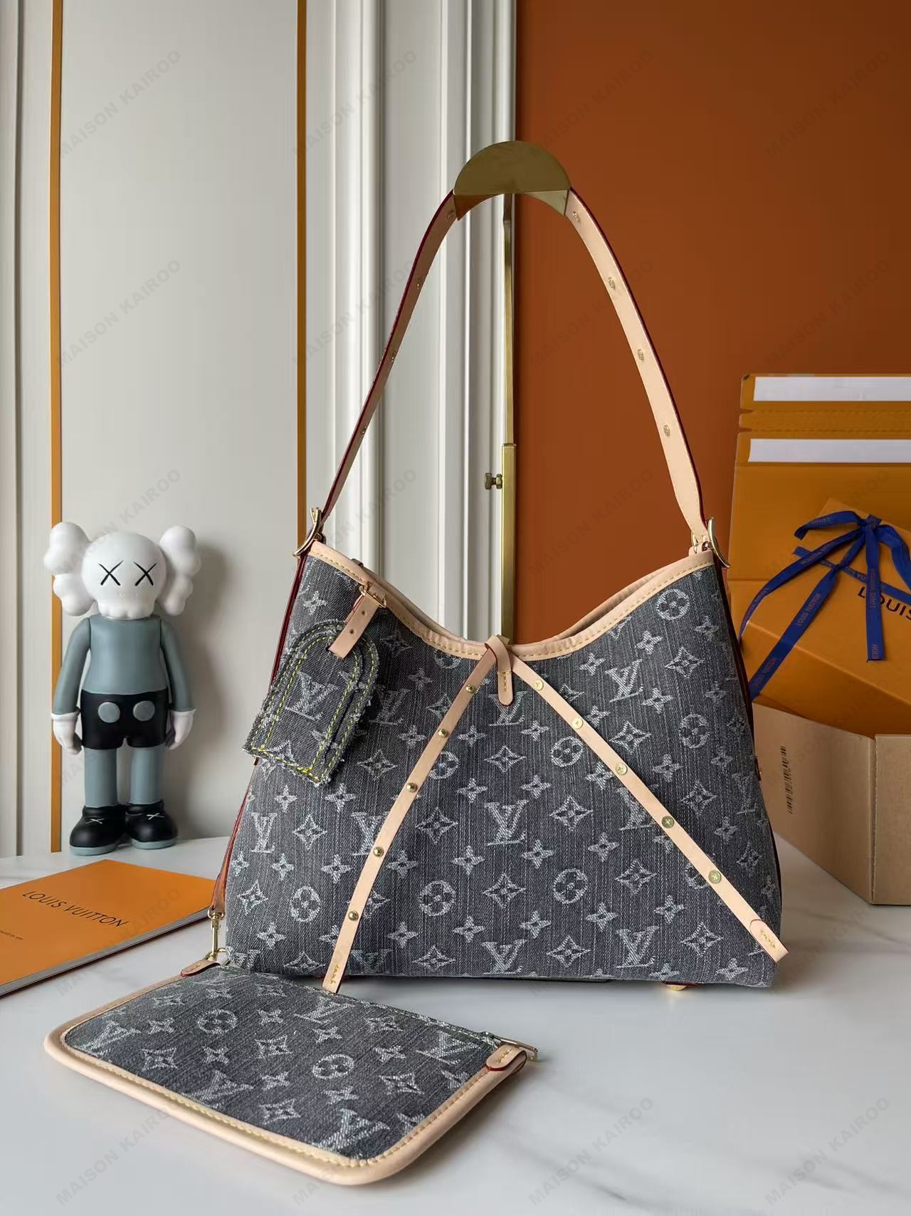 Louis Vuitton LV Carryall PM/MM Grey Denim Jacquard Monogram Bow Vachetta Leather Hobo Tote Shoulder Bag - KAIROO