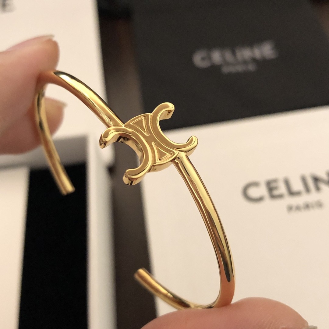 Celine Gold Finish Triomphe Logo Thin Cuff Open Bangle Bracelet - KAIROO
