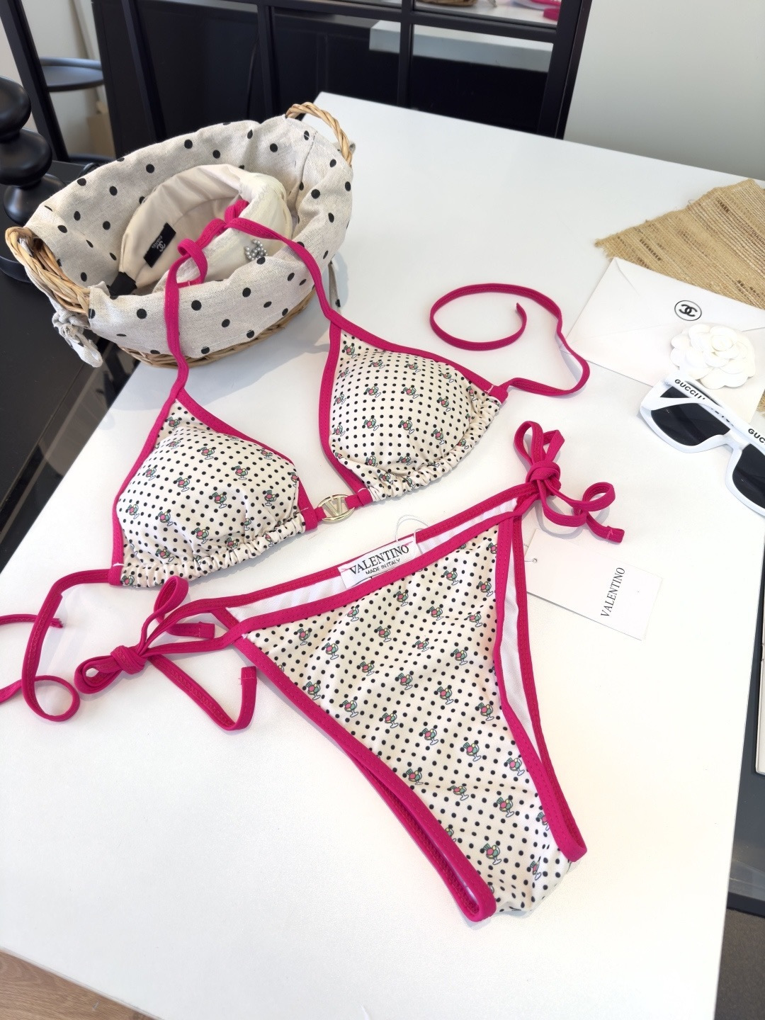 Valentino Garavani Archive Manifesto Fuchsia Bandana Print V-Logo Hardware Bikini Set Swimwear - KAIROO