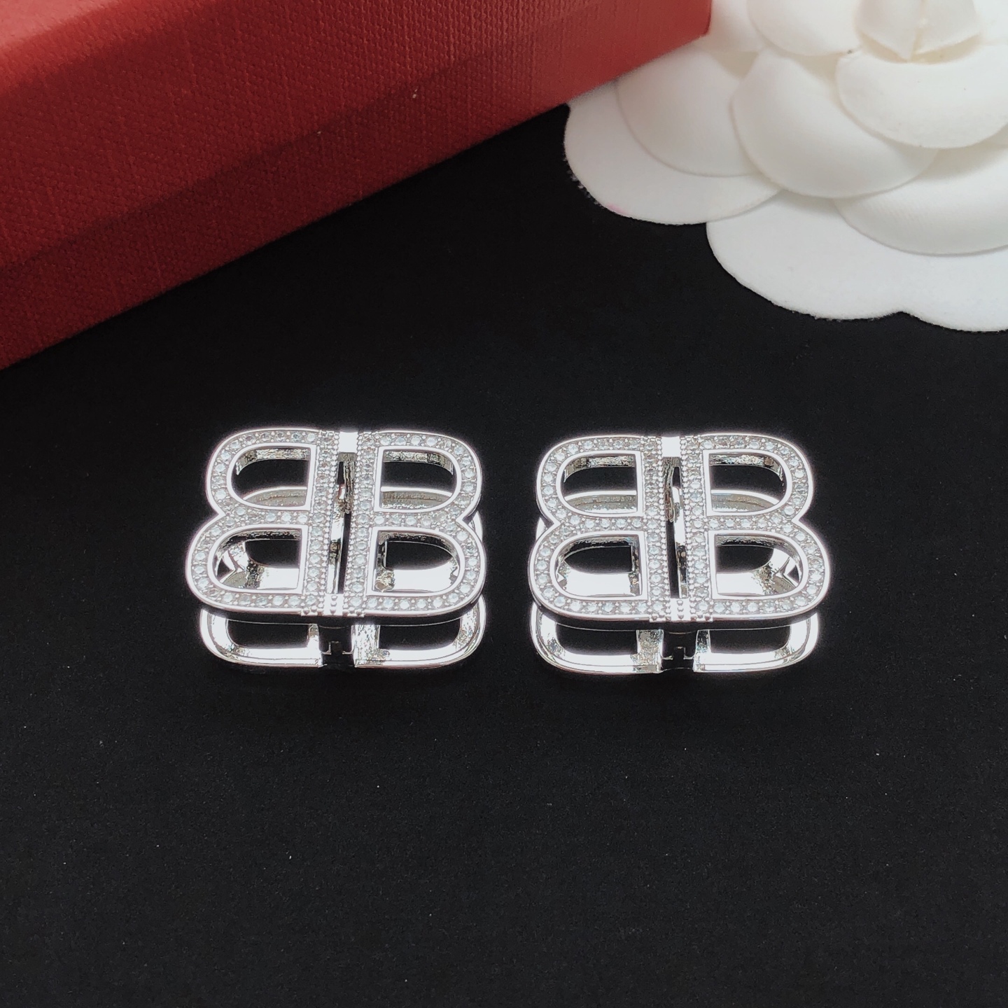 Balenciaga BB Icon Interlocking Logo Rhinestone Pave Silver Tone Earrings - KAIROO