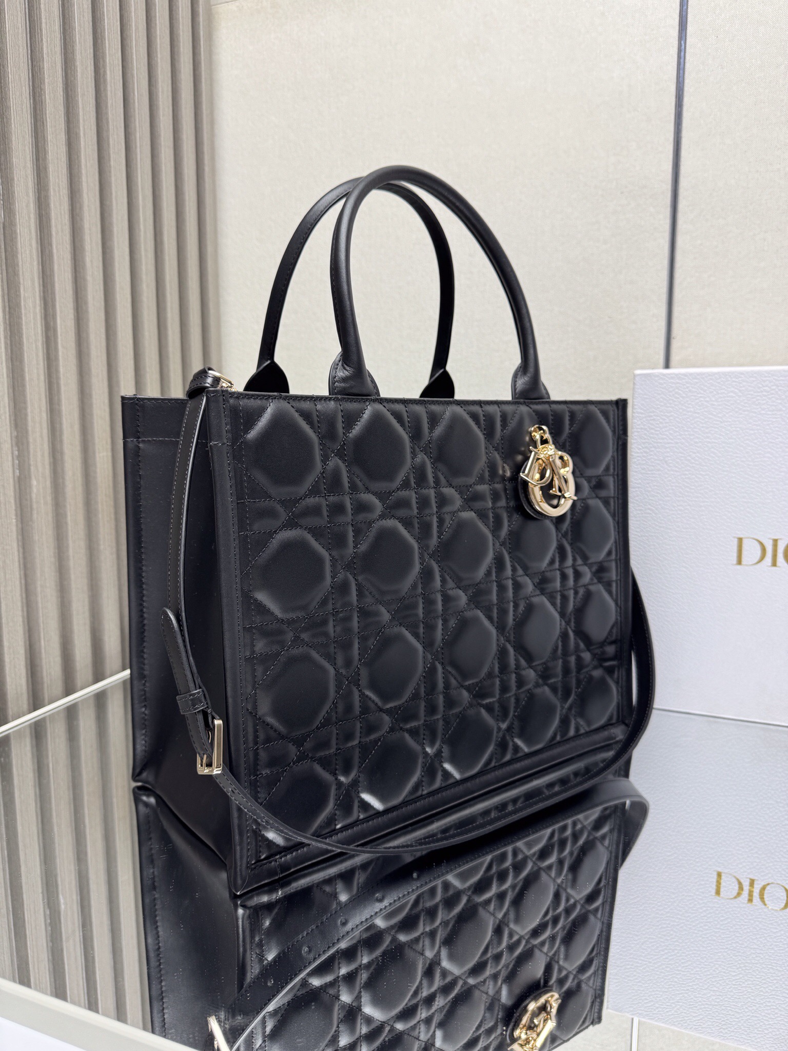 Dior Medium Black Leather Book Tote with shoulder strap