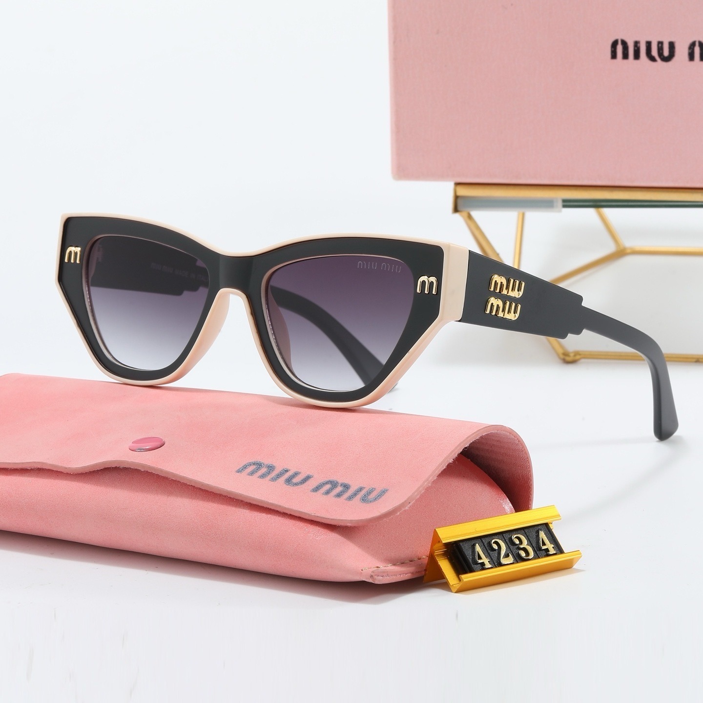 Miu Miu Contrast Color Block Acetate Frame Metal m Detail Dual Row Gold Tone Logo Cat Eye Sunglasses - KAIROO