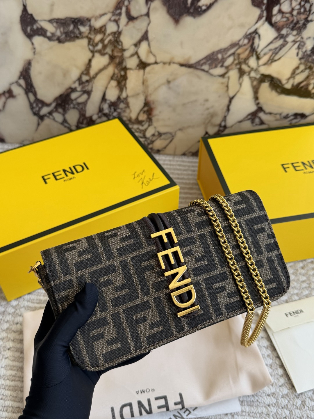 Fendi Monogram Dark Brown FF Gold Logo Wallet Chain Bag - KAIROO