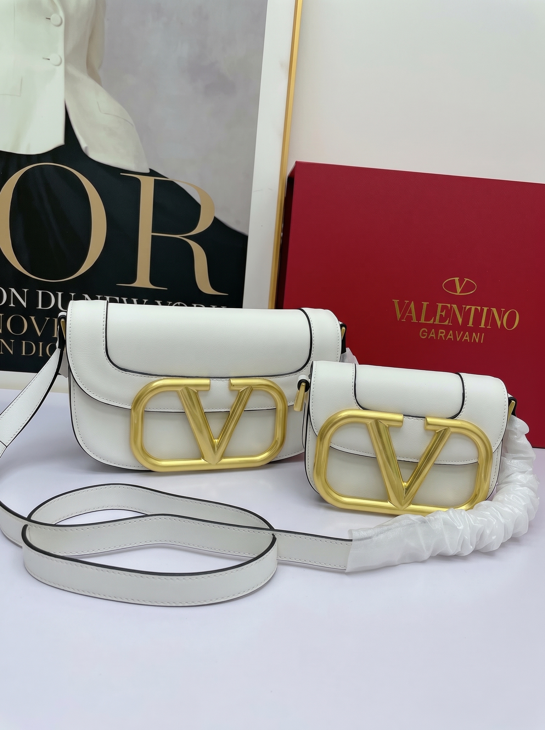 Valentino Mini& Small Oversized VLogo Signature White Leather Maxi Gold Hardware Flap Shoulder Bag - KAIROO