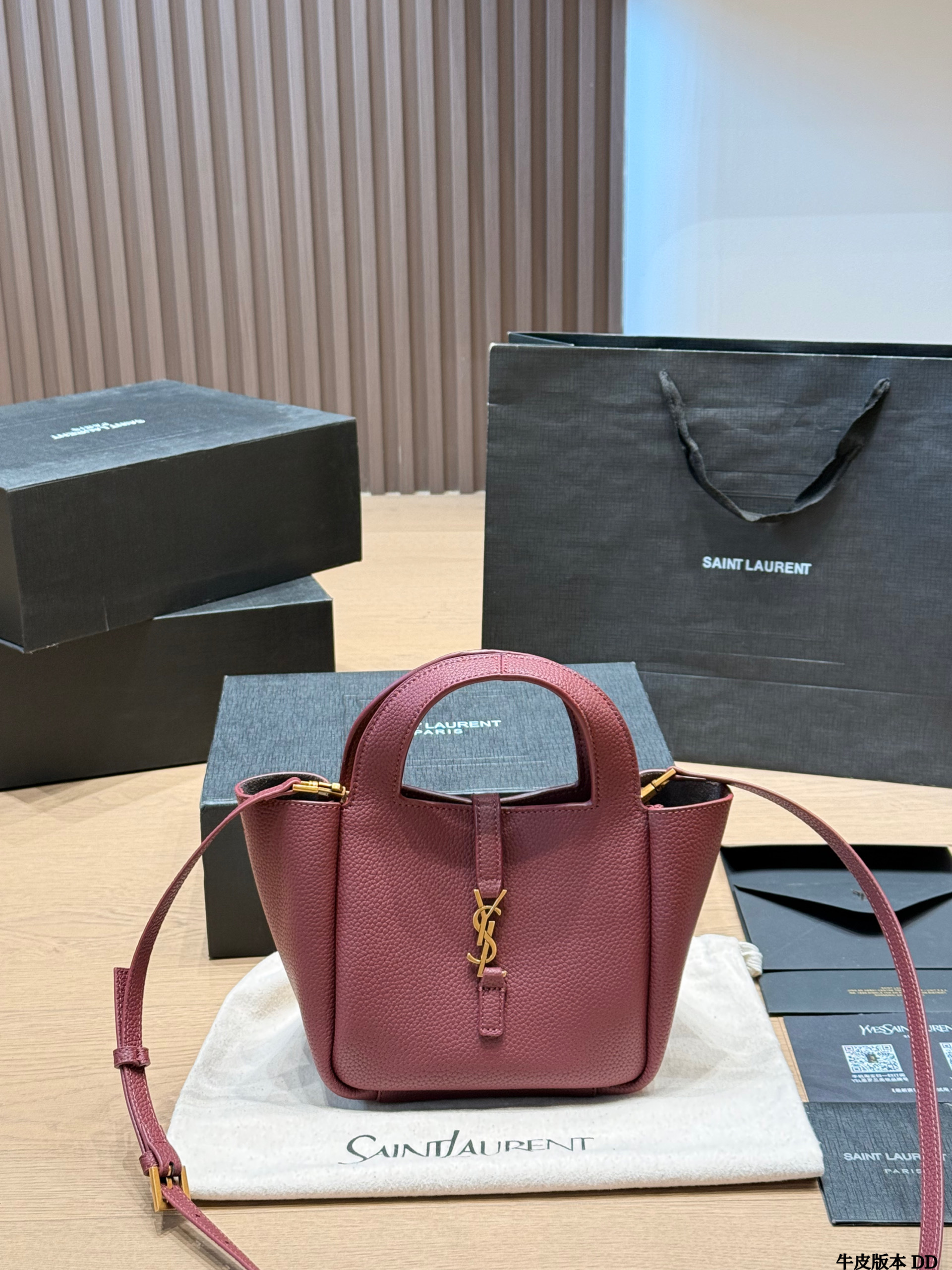 Saint Laurent Mini Bea Hobo Grain Leather YSL Front Toggle Fold Wing Tote Bucket Shoulder Bag - KAIROO