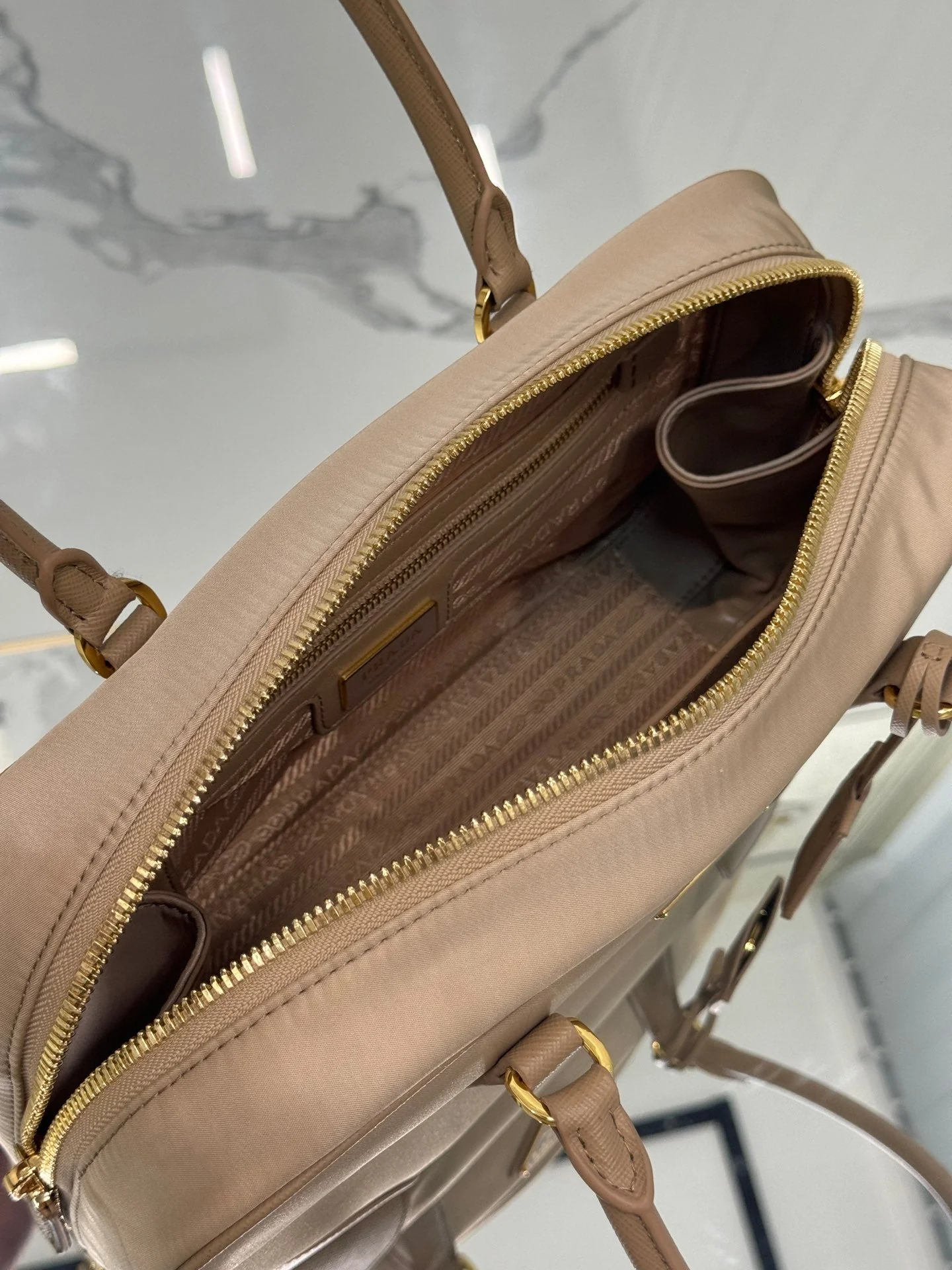 Prada LARGE TOP HANDLE BAG 35 IN DRIED MOSS NYLON AND CALFSKIN TRIM