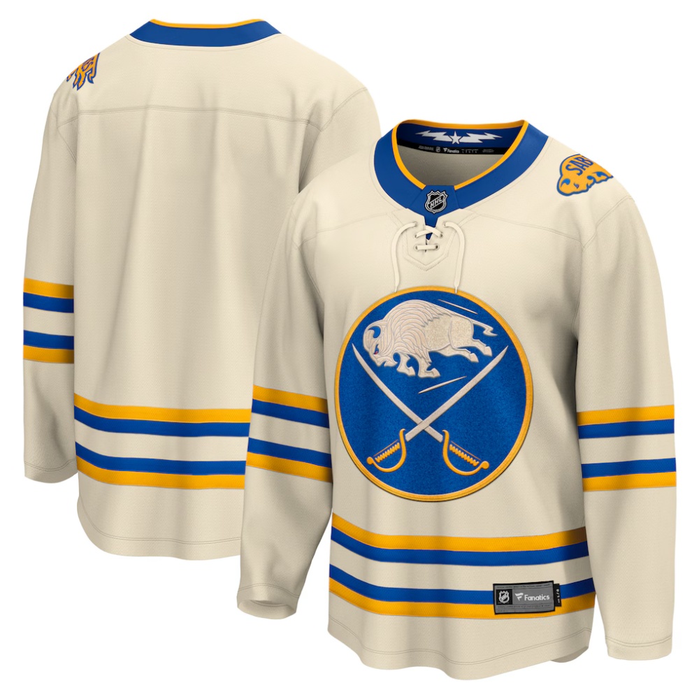 Customizable Buffalo Sabres Fanatics white and cream-colored jerseys