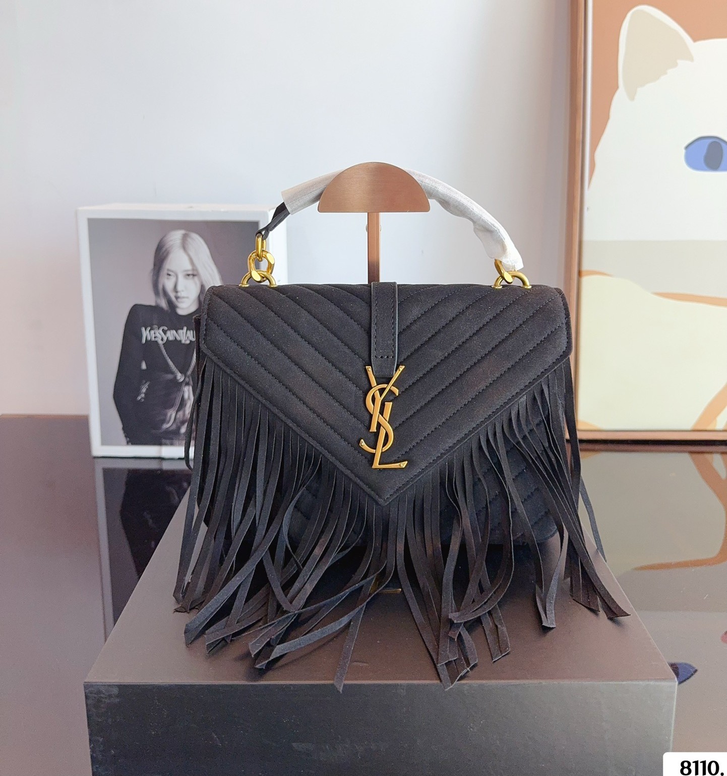 Saint Laurent Black Fringe College Matelassé Suede Chevron Quilted YSL Logo Shoulder Top Handle Bag - KAIROO