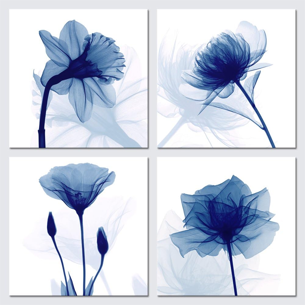 Pyradecor Blue Flickering Flower Abstract Paintings Canvas Wall Art Grace Floral Pictures on Canvas Prints 4 Panels Artwork for Living Room Bedroom Office Home Decorations