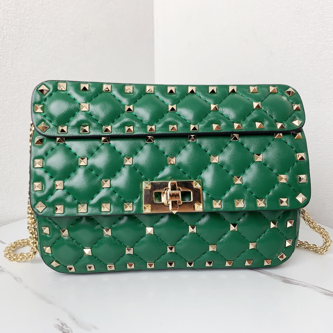 Valentino Classic Spike Medium Shoulder Bag in Lambskin-Green